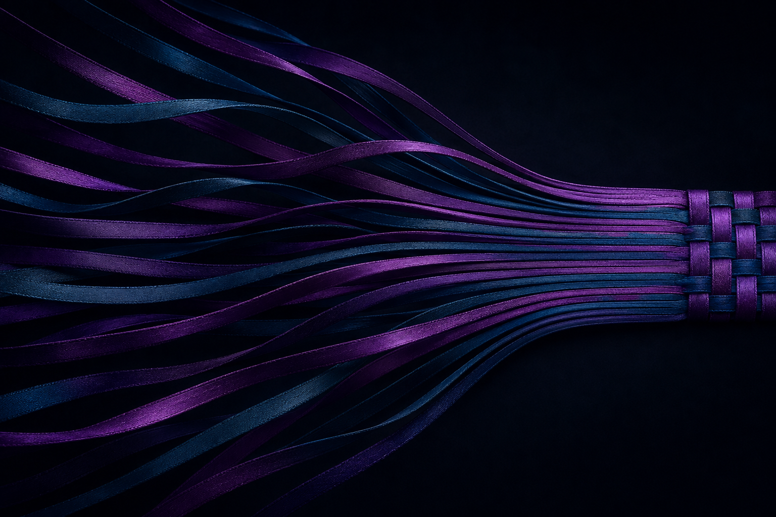 Individual purple and dark blue strands converging into a short, unified weave